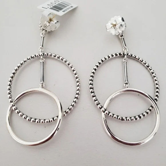 LAGOS Signature Caviar Sterling Silver Double Circle Drop Earrings - Picture 7 of 13